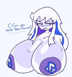 1girls areola areola_slip areolae areolae_slip asking_for_help blue_accents blue_blush blush breast_focus color embarrassed english_text eyebrows_visible_through_hair female_only freakygrapes heavy_breasts logo_on_pasties logo_pasties long_hair looking_at_viewer pasties playstation purple_areola purple_areolae red_eyes shiny_breasts sojusparks solid_color_background solo someone_else's_oc sweat sweating text white_background white_hair white_skin white_skinned_female