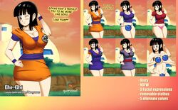 big_breasts black_eyes black_hair bluegraves breast_grab breasts chichi cleavage cosplay curvy dragon_ball dragon_ball_z dress_up female hips large_breasts legs looking_at_viewer sash short_skirt son_goku_(cosplay) text thick_thighs thighs wide_hips