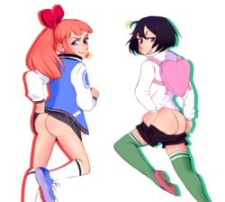 2girls arc_system_works ass ass_cleavage backpack badlybeatenaguacate bag bottomless bottomless_skirt butt_crack commando female going_commando highres human jacket kunio-kun kyoko_(kunio-kun) legwear letterman_jacket misako_(kunio-kun) mooning multiple_girls outerwear river_city_girls shorts shorts_down shorts_pull skirt skirt_lift upskirt varsity_jacket wayforward