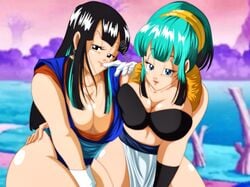 2girls bare_arms bare_shoulders big_breasts black_eyes black_hair blue_eyes blue_hair boots breasts bulchi bulma_briefs busty chichi choker chulma cleavage dragon_ball dragon_ball_z earrings female female_focus female_only fusion hypothetical_fusion kneeling large_breasts long_hair metamoran_clothing multiple_girls multiple_persona nala1588 pinup pose posing potara_earrings shounen_jump thick_thighs wide_hips