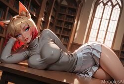 ahri ahri_(league_of_legends) ai_generated big_breasts blonde_hair earrings female fox_ears hard_nipples jewelry k/da_all_out_ahri k/da_all_out_series k/da_series league_of_legends library looking_at_viewer mobolusai multicolored_hair on_side on_table pleated_skirt short_hair skirt sweater teasing thighs