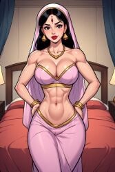 1girls abs ai_generated bare_shoulders big_breasts bindi black_eyes black_hair cleavage earrings hands_on_hips indian indian_clothes indian_female light-skinned_female looking_at_viewer navel necklace pink_clothing red_lipstick saree sari sindoor slim_waist smile smiling_at_viewer solo_female thick_thighs wide_hips