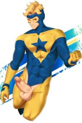 1boy abs blonde_hair booster_gold costume dc erection male male_only muscle solo superhero