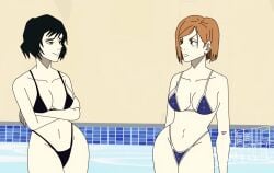 big_ass big_breasts bikini black_bikini black_hair blue_bikini curvy jujutsu_kaisen kugisaki_nobara nobara_kugisaki pool water wide_hips zenin_mai
