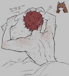 1boy 1girls back_muscles back_view bite_mark blush brown_hair color female male male_focus marblechii muscular_male on_bed original original_character pillow red_hair scratches sweat twitter_link