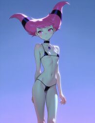 ai_generated belly_button bikini bikini_bottom bikini_top black_bikini blue_background cartoon choker dc_comics female female_only grey_body grey_skin jinx_(dc) navel pink_eyes pink_hair plain_background skinny skinny_female skinny_girl slight_blush slim slim_female slim_girl slim_waist small_breasts teen_titans villian
