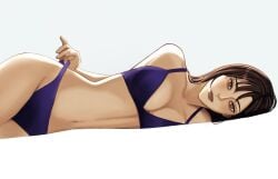 asian asian_female belly_button bra brown_eyes brown_hair cleavage female female_only hips holding_strap japanese japanese_female jujutsu_kaisen laying_down laying_on_side looking_at_viewer panties panty_pull purple_bra purple_panties purple_underwear sensual sexy shoko_ieiri solo solo_female stllrchld underwear underwear_only wide_hips