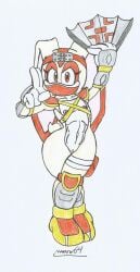 armor_plates bandana_only beige_body beige_fur chakra cream_the_rabbit crossed_legs cub fan fanny_pack hand_posing looking_at_viewer marlon64 mobian_rabbit naked_armor naked_female naked_gloves naked_with_shoes_on ninja ninja_band ninja_girl ninja_mask orange_eyes orange_fur orange_hair sega serious_look small_breasts sonic_(series) sonic_the_hedgehog_(series) traditional_drawing_(artwork) weapon white_background white_fur wide_hips