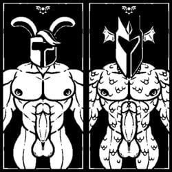 animated anthro armor balls dragon duo edit erection gay genitals headgear helmet humanoid humanoid_genitalia humanoid_penis lagomorph leporid looking_at_viewer male male/male mammal monochrome muscular muscular_male nipples nude pecs penis rabbit rg01_(undertale) rg02_(undertale) royal_guard_(undertale) short_playtime simple_background undertale ursa-m1nor video_games