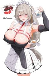 1girls absurd_res alexandrina_sebastiane anastella_(zenless_zone_zero) apron bangboo_(zenless_zone_zero) blush breasts cleavage cup dress drusilla_(zenless_zone_zero) english_text grey_hair highres holding holding_teapot hoyoverse large_breasts long_hair looking_at_viewer maid maid_apron maid_headdress massoukei mature mature_female pouring pouring_on_self red_eyes revealing_clothes simple_background solo tea teacup teapot very_long_hair white_apron zenless_zone_zero