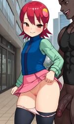 absolute_territory ai_generated blush curvy curvy_body curvy_female curvy_figure dark-skinned_male duo erect_penis erection female flashing flashing_pussy flat_chest imminent_gangbang imminent_sex male mayl_sakurai mega_man mega_man_battle_network miniskirt panties panties_down penis presenting presenting_pussy pussy skirt_lift skirt_up small_breasts thick_thighs thighhighs thighs