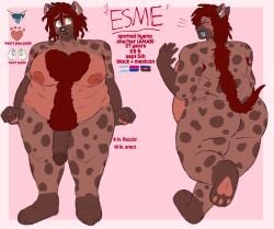 bbw belly blue_eyes blue_mouth breasts brown_fur chest_hair esme_(hyenaconfetti) fat furry furry_only gock green_eyes happy_trail heterochromia huge_belly huge_breasts huge_cock hyena hyenaconfetti paws penis red_hair ref_sheet reference_sheet short_hair spotted_fur spotted_hyena trans_woman transgender transgender_woman