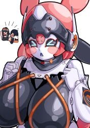 >_< 3girls :d absurdres alternate_breast_size_(larger) angels_of_delusion aqua_bow aria_(zenless_zone_zero) aria_(zenless_zone_zero)_(robot_form) arm_behind_head arm_up belle_(zenless_zone_zero) black_hair black_jacket black_shirt black_tank_top blush_stickers bow breast_expansion breasts clenched_hands closed_eyes commentary_request goggles goggles_on_head grace_howard hand_up hands_up highres holding holding_wrench hood hood_down hooded_jacket huge_breasts humanoid_robot jacket long_hair long_sleeves medium_hair multicolored_hair multiple_girls no_eyes open_mouth parted_lips pink_hair quad_tails robot robot_girl shirt simple_background sleeveless sleeveless_jacket slug_1356 smile tank_top thumbs_up two-tone_hair upper_body white_background wrench wrist_bow zenless_zone_zero