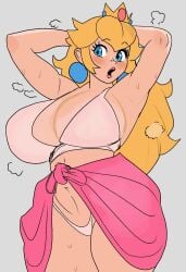 1girls armpits arms_behind_head big_breasts blonde_hair blush breasts busty child_bearing_hips cleavage dumbwitchyy female female_focus female_only hot hourglass_figure large_breasts light-skinned_female light_skin looking_at_viewer mario_(series) navel pose posing princess_peach sarong sensual sexy sexy_armpits sexy_pose solo steaming_body sweat sweater_around_waist thick_thighs thighs wide_hips