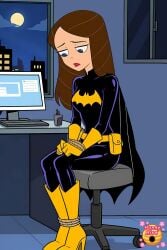 1female 2d ai_generated artist_logo attractive attractive_female bat_symbol batgirl_(cosplay) batman_(cosplay) batman_(series) batsuit belt black_bodysuit black_cape black_clothes black_clothing blue_eyed_female blue_eyes blue_eyes_female bodysuit bondage boots bound bound_feet bound_hands bound_wrists brown_hair brown_hair_female brunette-haired_female brunette_female brunette_hair cape captive captured captured_female captured_heroine captured_superheroine caught clothed clothed_female clothes clothing computer computer_monitor cosplay cosplaying_as_character crossover_cosplay cute_female dc dc_comics dcu disney disney_channel english_text eyebrows feet_tied feet_together female female_human female_only footwear fully_clothed fully_clothed_female gloves hair hands_tied heroine high_heeled_boots high_res high_resolution highres human human_female hunnyhive hunnyhive(artist) hunnyhivestudio hunnyhivestudios indoors knees_together latex latex_clothing legs_together light-skinned_female light_skin light_skinned_female lips lipstick long_brown_hair long_brown_hair_female long_hair long_hair_female looking_down moon night night_sky no_mask pants phineas_and_ferb pouch pouch_(clothing) pvc pvc_(material) restrained restrained_arms restrained_feet restrained_female restrained_legs rope rope_bondage sad shiny_clothes sitting sitting_on_chair sleeves solo solo_female straight superhero superhero_costume superheroine superheroine_costume teeth teeth_showing teeth_visible thighs_together tight_clothing topwear utility_belt vanessa_doofenshmirtz window yellow_belt yellow_boots yellow_footwear yellow_gloves
