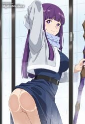 ai_generated anime anime_style ass belt blue_dress blue_scarf blunt_bangs breasts bright_pupils cleft_of_venus closed_mouth clothes_lift dress dress_lift female fern_(sousou_no_frieren) frieren_beyond_journey's_end hentai hi_res holding_staff jacket large_breasts long_hair long_sleeves looking_at_viewer mystic_maidens no_panties patreon purple_eyes purple_hair pussy scarf smile solo sousou_no_frieren staff straight_hair uncensored wet white_jacket