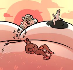 absurd_res anthro balls big_muscles big_nipples big_pecs chest_tuft cloud erection felid genitals gesture group hair hair_bun hi_res joe_(joebluefox) joebluefox long_tail looking_at_another lying macro male mammal mouse murid murine muscular navel nipples on_back pantherine pecs penis red_sclera rodent sky smile tail tiger trio tuft waving