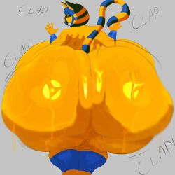 1girl 1girls 1female female solo solo_female female_only gray_background grey_background ankha ankha_(animal_crossing) animal_crossing furry cat feline cat_ears cat_tail yellow_fur yellow_body striped_tail blue_accessory arm_bracelets looking_back looking_at_viewer looking_back_at_viewer back_view ass big_ass huge_ass hyper_ass hyper hyper_hips wide_hips sweat sweaty sweaty_body sweaty_ass digital_media_(artwork) digital_drawing_(artwork) digital_media digital_art twerking shaking_ass clapping_cheeks clapping_ass onomatopoeia 2026 adawndraws
