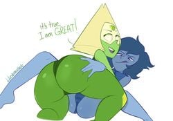 2girls ass ass_grab blue_skin blushmallet cameltoe cartoon_network clothing dat_ass duo english_text female female_only gem_(species) green_skin lapis_lazuli_(steven_universe) multiple_girls panties peridot_(steven_universe) short_hair spread_legs spreading steven_universe text tongue_out white_background yuri