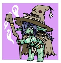 1girls barefoot breasts feet female goblin goblin_female green_body green_skin h_goblin long_ears monster monster_girl nipple_piercing nipples pointy_ears purple_hair shortstack solo solo_female solo_focus staff topless topless_female torn_clothes witch witch_hat