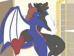 anal asphyxiation bathroom bite blaze_(draggyrune) canid canine choking dragon duo fox gear_the_wolf male male/male mammal penis surprise