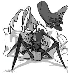 2girls blush bug bug_girl fingering fingering_pussy hollow_knight hollow_knight:_silksong hollow_knight_(franchise) hornet_(hollow_knight) lesbian_sex pillow pussy pussy_juice reducing_bird robot robot_girl second_sentinel team_cherry yuri
