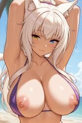 ai-created ai_art ai_assisted ai_generated ass big_ass big_breasts big_butt big_nipples big_thighs bikini bikini_bottom bikini_top blue_eye breasts breasts_focus breasts_out breasts_out_of_clothes breasts_outside cat_ears cat_girl cat_tail catgirl coconut coconut_(sayori) curvy curvy_body curvy_female curvy_figure curvy_hips eklioai exposed_breasts exposed_nipples grey_hair heterochromia nekomimi nekopara purple_bikini upper_body upper_body_focus white_hair yellow_eye