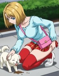 00s 1animal 1dog 1girls accurate_art_style adjusting_clothes ai_generated alternate_costume ass_visible_from_the_front ass_visible_through_thighs bent_knees bible_black bible_black_gaiden big_ass big_breasts blonde_hair blouse blue_eyes blush bubble_butt busty butt_crack canine clothing collarbone dog_food exposed_ass eyebrows eyebrows_visible_through_hair faithful_to_the_anime feeding female female_focus female_only forehead full_body gasp gasping happy happy_female human human_female kazsam kitami_reika long_sleeves looking_at_another looking_down no_panties no_panties_under_skirt official_alternate_costume outdoors owner_and_pet park pet petting petting_head pinup plaid_skirt puppy raised_eyebrows retro_artstyle round_ass sagging_breasts sexually_suggestive shoes short_hair shoulder_length_hair skirt skirt_lift smile solo squatting stockings suggestive suggestive_pose swept_bangs teen teenage_girl teenager thick_thighs thighhighs thighs voluptuous