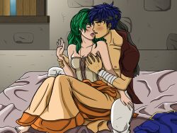 1boy 1boy1girl 1girls before_sex blue_hair blush breast_grab breasts closed_eyes elincia_ridell_crimea fire_emblem fire_emblem:_path_of_radiance fire_emblem:_radiant_dawn green_eyes groping groping_breasts ike_(fire_emblem) intimate jewelry kissing mouth_open nataly nataly_(artist) nintendo open_mouth partially_clothed pressed_together romantic romantic_couple saliva saliva_string saliva_trail straight