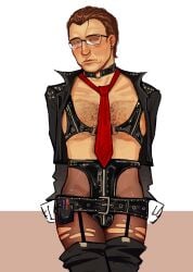alone blush body_hair brown_hair charles_foster_offdensen covered_crotch glasses latex latex_clothing m male male_only metalocalypse neutral_expression posing posing_for_the_viewer pubes pubic_hair red_tie semi_nude tie