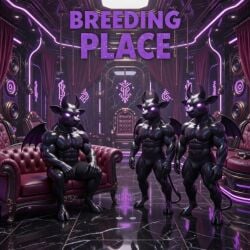abs ai_generated anthro bara bat_wings black_skin bovine breeding bulge bull chains couch demon demonic furry gay glowing_eyes group horns looking_at_viewer luxurious_room male males_only minotaur muscle muscular muscular_male neon onecutegirl31 pecs purple_eyes purple_neon shorts sitting tail throne trio