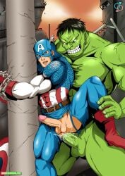 2boys anal ass bottomless captain_america erection green_skin hulk lustful_gaze maarvel marvel outside outside_sex penis rear_deliveries sex smile testicles yaoi