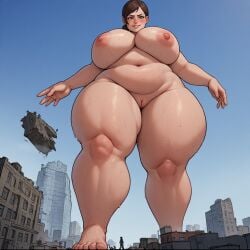 1boy ai_generated alternate_breast_size breasts_bigger_than_head brown_hair city destruction ellie_(the_last_of_us) ellie_williams fat fat_female female female_thick_thighs freckles giantess green_eyes light-skinned_female nude perchance_ai stomping the_last_of_us walking_towards_viewer