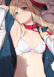 armpits bangs bed_sheet blonde_hair blush clothed collar collarbone forced_exposure forced_undressing hair_ornament hat leash lingerie looking_at_viewer navel on_bed pillow reines_el-melloi_archisorte shadow small_breasts undressing white_bra