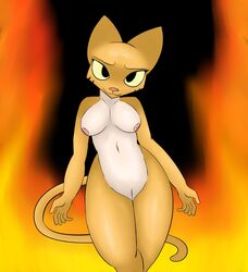 anthro bethesda_softworks breasts felid female fire fur hi_res katia_managan khajiit looking_at_viewer mammal nipples prequel pussy rorrek simple_background solo the_elder_scrolls video_games webcomic yellow_fur