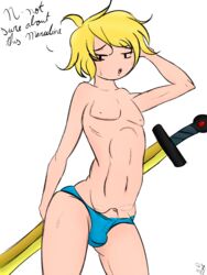 1boy abs adventure_time blonde_hair clothed colorized coloured divale edit embarrassed finn_the_human foreskin human male male_only open_mouth pale_skin partially_retracted_foreskin penis sword text uncut underwear weapon