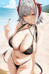ai_generated arknights beach black_bikini black_nails choker devil_tail exusi_ai grin halterneck highleg_bikini horns huge_breasts looking_at_viewer middle_finger outdoors sarkaz smug w_(arknights)