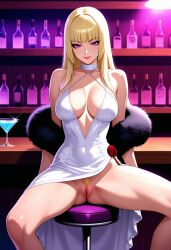 1girls ai_generated bar_(place) blonde_hair dress emilie_de_rochefort exposed_pussy female female_only flashing_pussy hime_cut lipstick looking_at_viewer no_panties pubic_hair purple_eyes pussy red_lipstick shiny_hair shiny_skin smile spread_legs tagme tekken