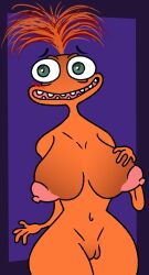 anxiety_(inside_out) big_breasts big_nipples green_eyes inside_out inside_out_2 large_areolae long_hair looking_at_viewer nervous_expression nervous_smile noodle_arms orange_hair orange_skin pussy shaved_pussy ugly ugly_female vanveleca visible_teeth wtf