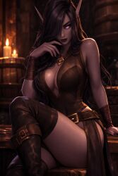 ai_generated big_breasts black_hair blizzard_entertainment cleavage dark_hair dark_lipstick oc original_character purple_body purple_eyes purple_skin tagme void_elf warcraft world_of_warcraft