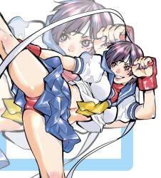 1girls brown_eyes brown_hair female kicking panties pantyshot pantyshot_(kicking) red_panties red_underwear sakura_kasugano school_uniform schoolgirl seifuku short_hair street_fighter street_fighter_alpha street_fighter_v underwear upskirt