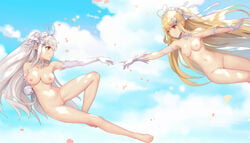 2girls armpits arms_out blonde_hair breasts elbow_gloves fine_art_parody gloves headdress long_hair multiple_girls niliu_chahui nipples nude original parody public_domain pussy red_eyes ribbons the_creation_of_adam tokisaki_asaba tokisaki_mio uncensored white_hair