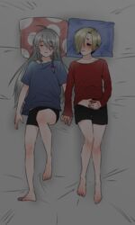 bar_censor bed censored closed_eyes crying erection futanari hand_holding hoshi_shouko idolmaster idolmaster_cinderella_girls intersex masturbation penis shirasaka_koume sleeping tears