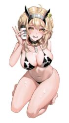 ahoge animal_ears animal_print barefoot bell bikini black_bikini black_swimsuit blonde_hair blush bottle breasts choker cleavage cow_bikini cow_ears cow_girl cow_horns cow_print cowbell ear_tag fake_animal_ears feet female high_resolution horns ihobus kneeling large_breasts looking_at_viewer milk milk_bottle mole mole_on_breast nail_polish navel open_mouth original simple_background smile solo string_bikini swimsuit white_background white_bikini white_swimsuit yellow_eyes