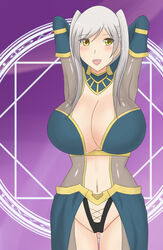 alternate_outfit blush breasts cleavage female fire_emblem fire_emblem_awakening huge_breasts large_breasts midriff navel nintendo open_mouth raigarasu revealing_clothes robin_(fire_emblem) robin_(fire_emblem)_(female) smile solo tagme twintails white_hair yellow_eyes