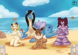 2018 3_toes 4girls absurd_res alternate_species anthro anthrofied ass beach beauty_mark belly big_ass big_breasts big_ears black_hair blonde_hair blue_background blue_skin breast_grab breasts brown_eyes brown_hair canine chubby clitoris clouds coin day detailed_background eevee feet felid feline female fence fins furry goo_creature green_eyes grimer group hair hand_on_breast hi_res horn huge_ass huge_breasts kneeling lapras large_ass large_breasts larger_female lenora_(tomlloyd) long_ears long_hair long_neck looking_down mammal marine meowth motion_lines nintendo nipples nude ocean open_mouth original_character outdoors outside paws pokémon_(species) pokemon pokemon_rgby purple_hair purple_skin pussy red_hair rock sand scalie seaside shell size_difference sky slime slime_girl smaller_female smile tail tailwag text thick_thighs tongue twin_drills val_(tomlloyd) video_games water watermark whiskers white_fur white_skin wide_hips witchfiend