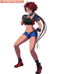 abs big_breasts brown_skin female fighting_stance fingerless_gloves forte_(crystalplanet00) gloves jacket looking_at_viewer original original_character patreon red_eyes red_hair reit shorts white_background