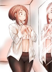 1girls adahcm bra breasts cleavage female female_only light-skinned_female light_skin mirror my_hero_academia ochako_uraraka panties pantyhose solo