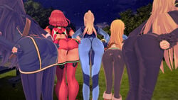 3d 5girls ass ass_to_ass back bent_over blonde_hair blue_hair bodysuit breath_of_the_wild clothed crossover cynthia_(pokemon) female female_only fire_emblem fire_emblem_awakening fully_clothed human hylian leaning_forward long_hair looking_away lucina_(fire_emblem) metroid multiple_females multiple_girls nintendo pants pointy_ears pokemon pokemon_dppt ponytail princess_zelda pyra red_hair samus_aran short_hair source_request the_legend_of_zelda wide_hips xenoblade_(series) xenoblade_chronicles_2 zelda_(breath_of_the_wild) zero_suit zero_suit_samus