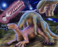 2011 aladar anus backsack balls bite bodily_fluids claws cum cum_in_pussy cum_inside cutaway dialogue digital_media_(artwork) dinosaur dinosaur_(film) disney duo english_text erection female feral feral_on_feral genital_fluids green_eyes hi_res internal male male_penetrating neck_bite neera night nude open_mouth ornithischian outdoors penetration penis pussy reptile scalie sex sky straight survion testicles text vaginal_penetration water